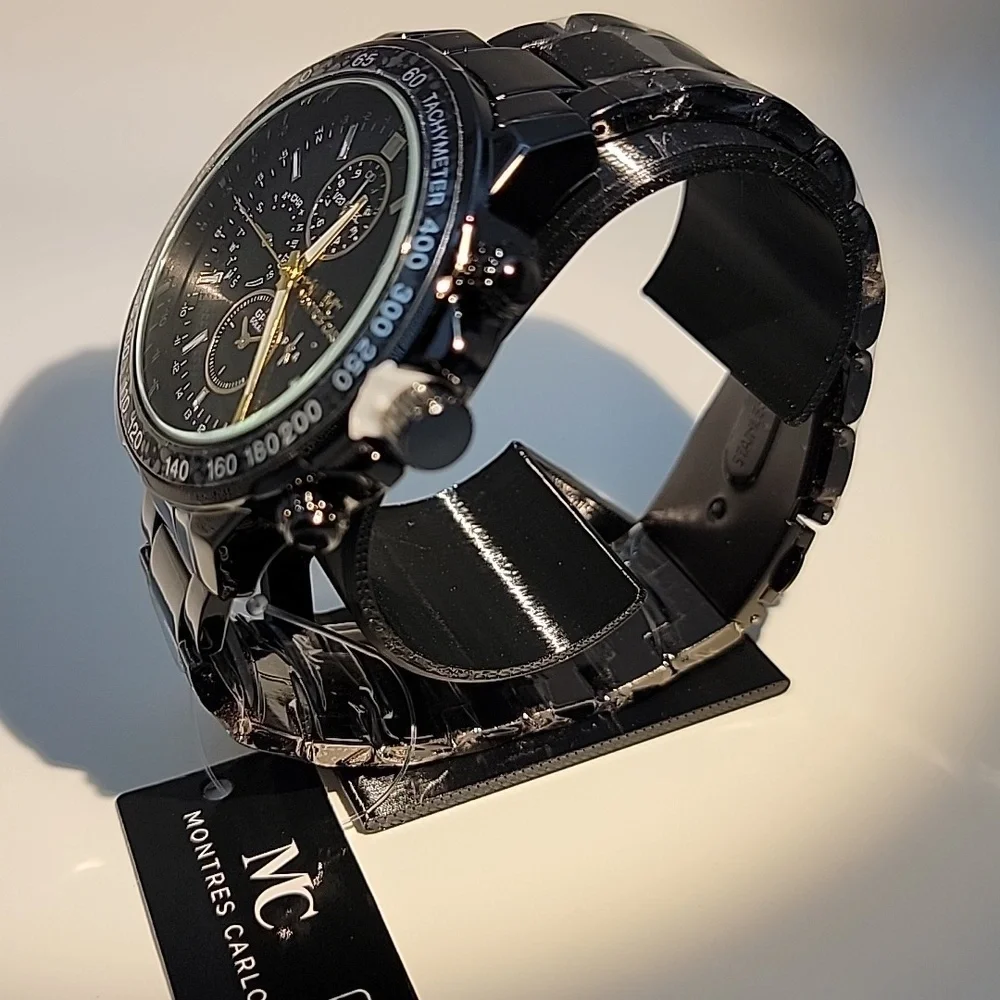 NEW Gun Metal Black Gold Mens Chunky 50mm Quartz Watch 3 Link Band Montres Carlo